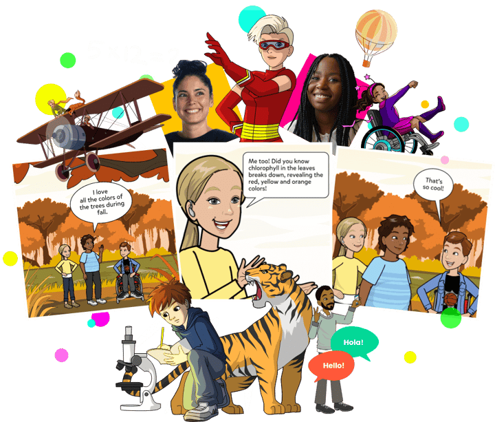 Students, teacher, Pixton characters, props and lion