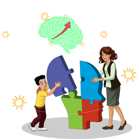 Child character placing jigsaw piece with therapist and image of a brain