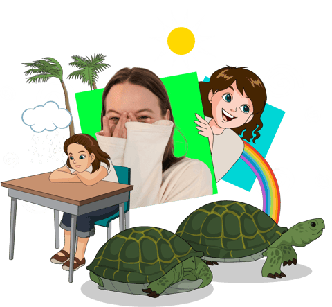 Montage of sun, palm trees, rainbow, characters expressing different emotions, and two turtles