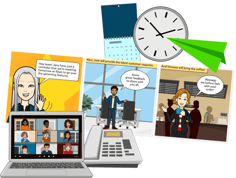 Montage of clock, comic, laptop, and phone