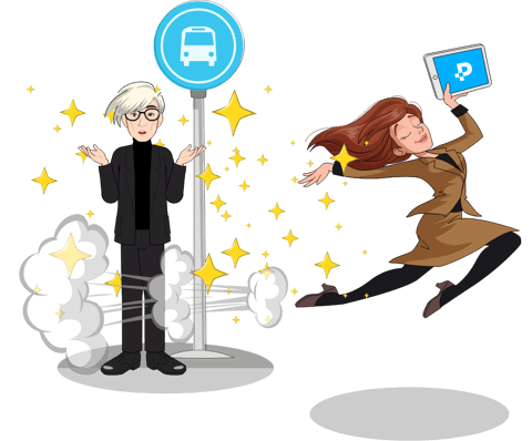 Woman leaping past man at bus stop
