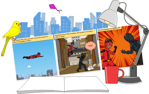 Bird perched on a comic strip with city skyline backdrop and kite flying