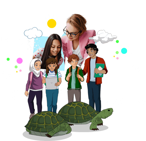 Montage of therapist and child, comic characters, and two turtles