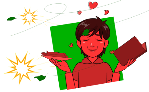 Boy with food and book