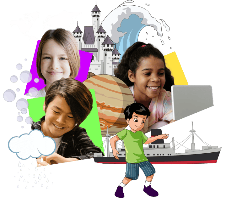 Students, ship, castle, wave, map, rain, Jupiter and bubbles