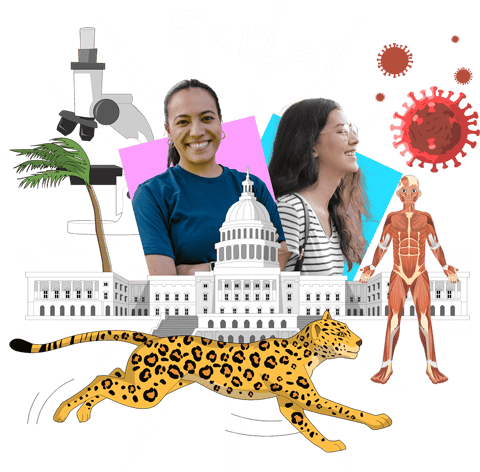Leopard, microscope, teacher, student and human body