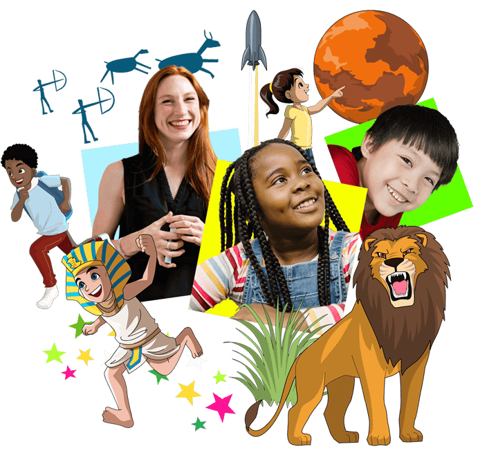 Students, teacher, Pixton characters, props and lion