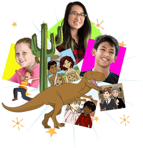 Teacher, students, dinosaur and Pixton characters