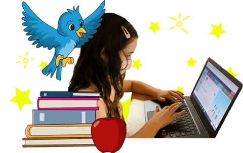 Bird, books, apple and student on laptop