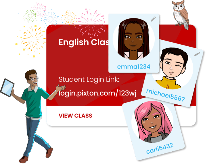 Pixton class card, student icons, owl and teacher