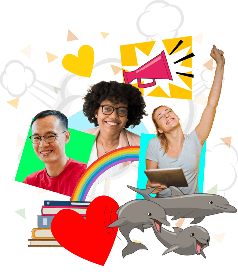 Teachers, dolphins and various props